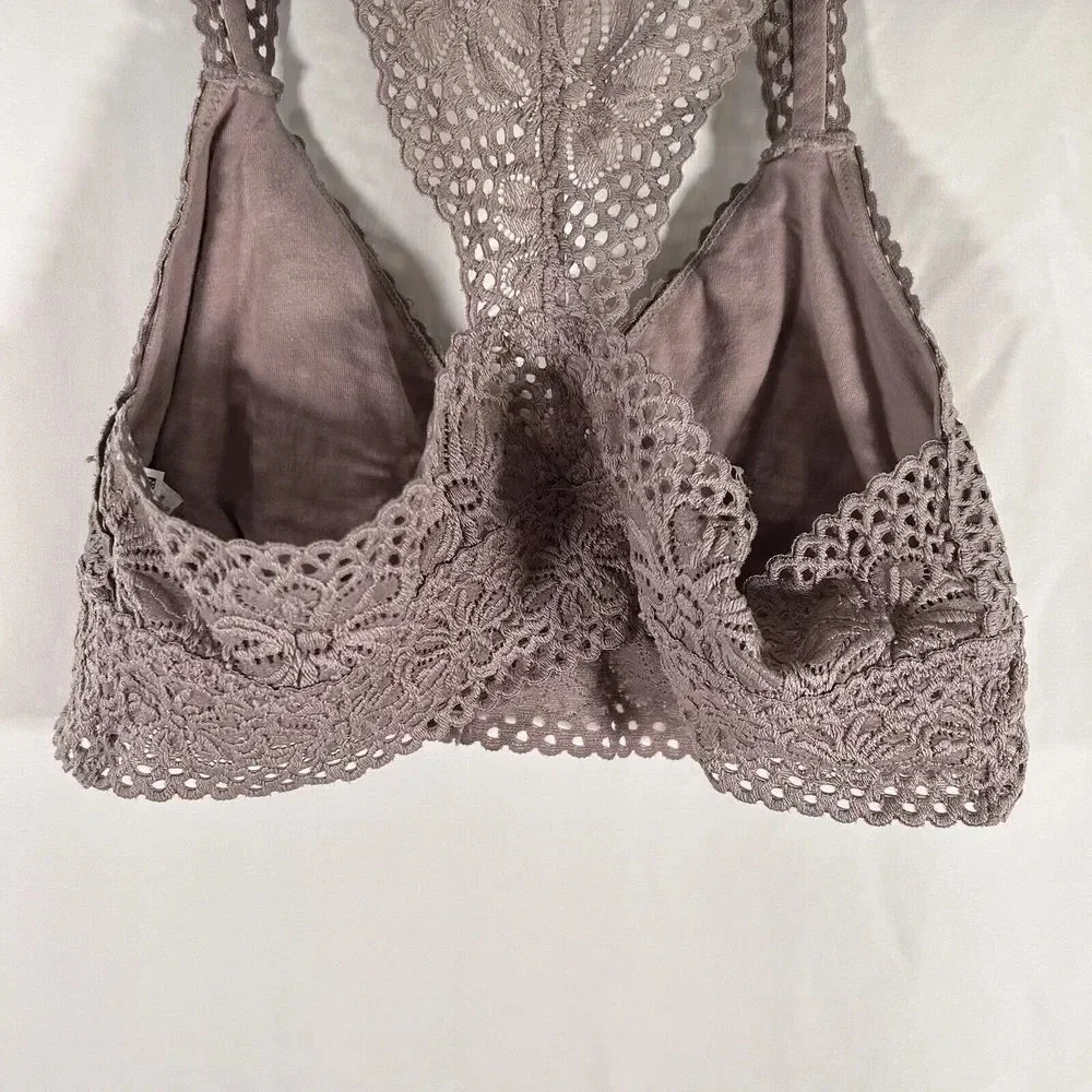 aerie Bralette Women's Large Dark Pink Floral Lace Open Knit Straps Pull On